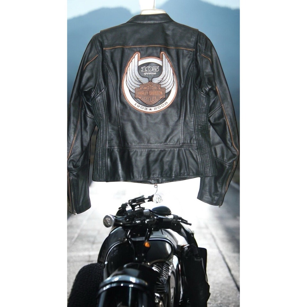Harley Davidson 105th Anniversary Womens  Black Leather Jacket Moto Rare‎ Xl